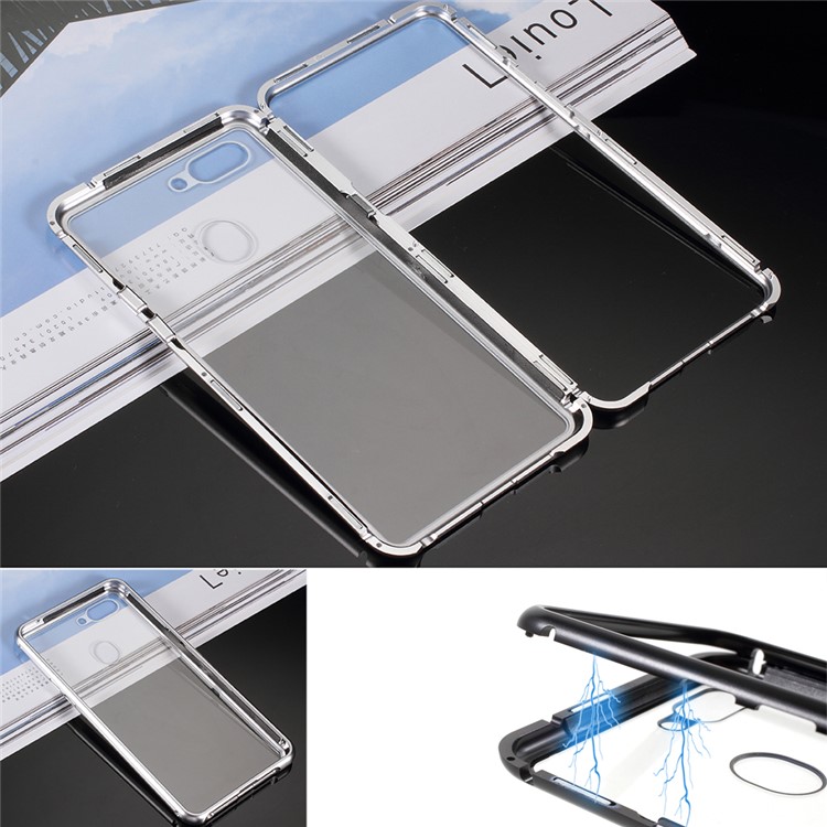 Detachable Magnetic Metal Frame + Tempered Glass Back Mobile Phone Shell for Oppo R15 - Silver / Transparent-1