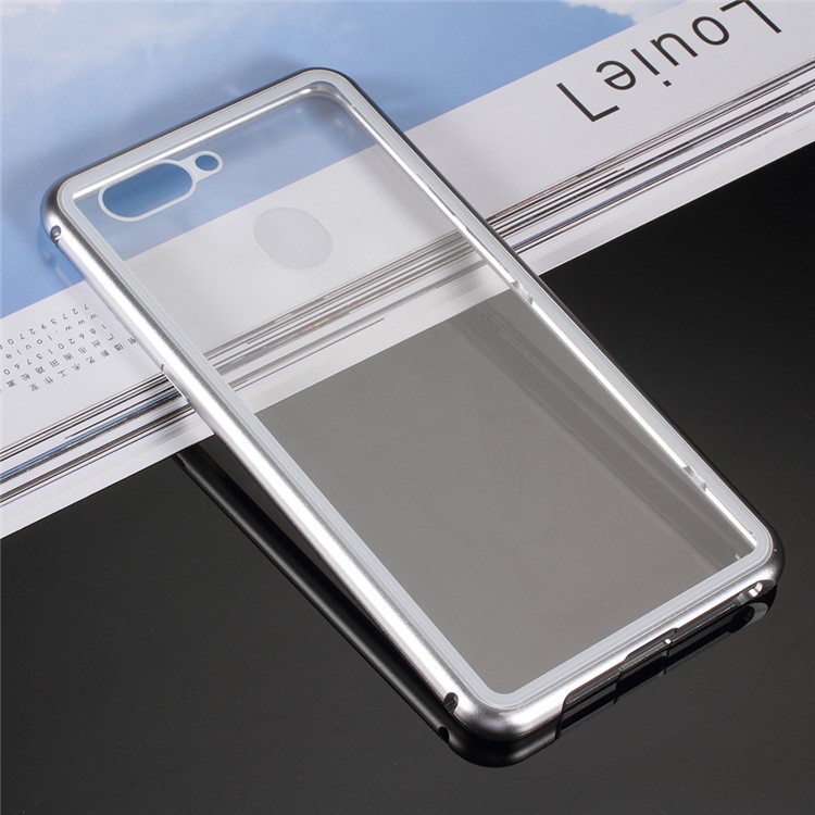 Detachable Magnetic Metal Frame + Tempered Glass Back Mobile Phone Shell for Oppo R15 - Silver / Transparent-3