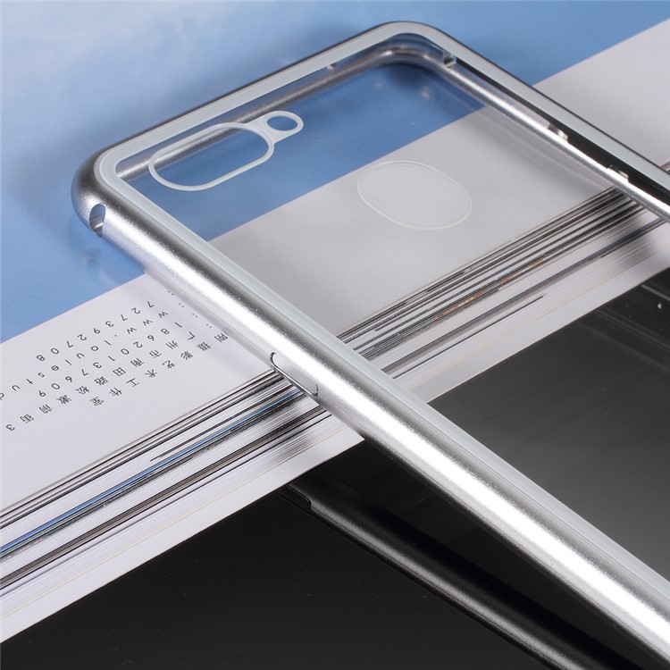 Detachable Magnetic Metal Frame + Tempered Glass Back Mobile Phone Shell for Oppo R15 - Silver / Transparent-4