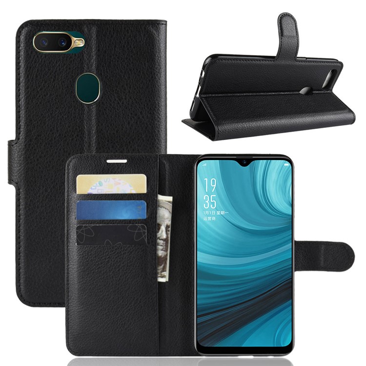 Für OPPO A7 / AX7 Litschi Haut PU Leder Brieftasche Handyhülle - Schwarz-1