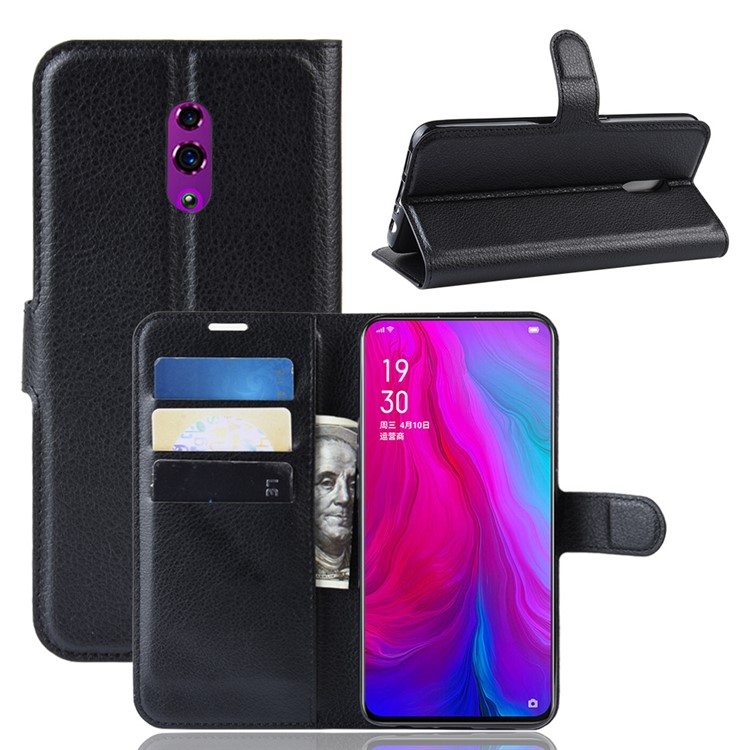 Litchi Skin Wallet Leather Stand Case for Oppo Reno - Black-1