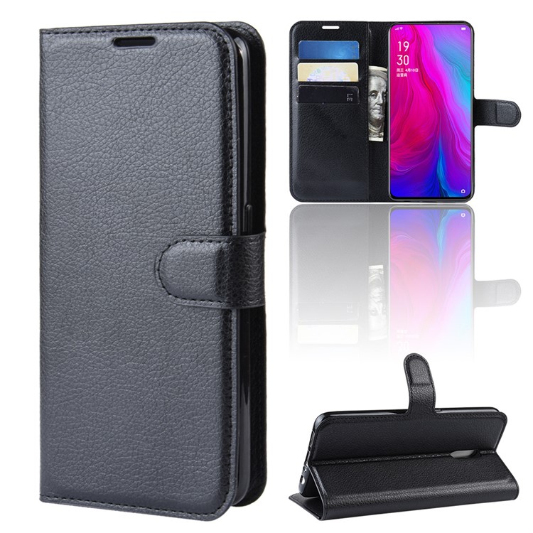 Litchi Skin Wallet Leather Stand Case for Oppo Reno - Black-7