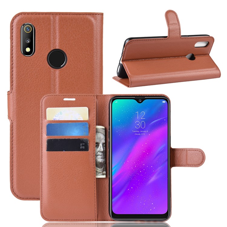 Litchi Skin Wallet Leather Stand Case for Oppo Realme 3 - Brown-1