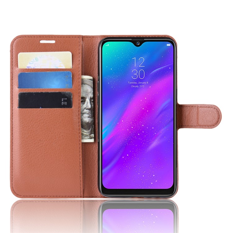 Litchi Skin Wallet Leather Stand Case for Oppo Realme 3 - Brown-4