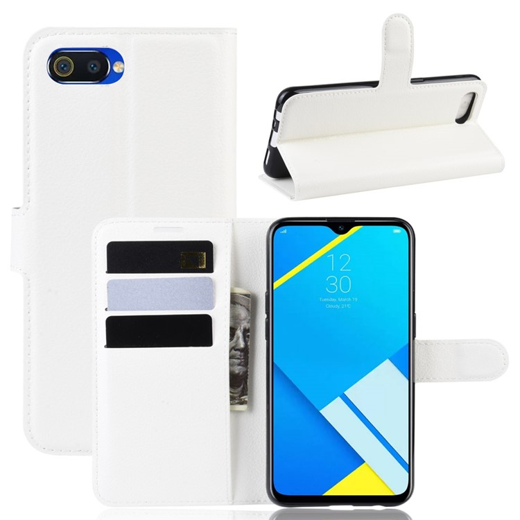 Litchi Skin Leather Wallet Stand Case for OPPO A1k / Realme C2 - White-1