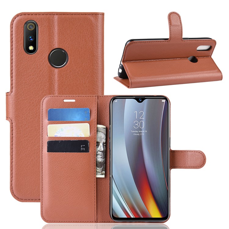 Litchi Skin Wallet Stand Leather Flip Phone Covering Case for Oppo Realme 3 Pro / X Lite - Brown-1