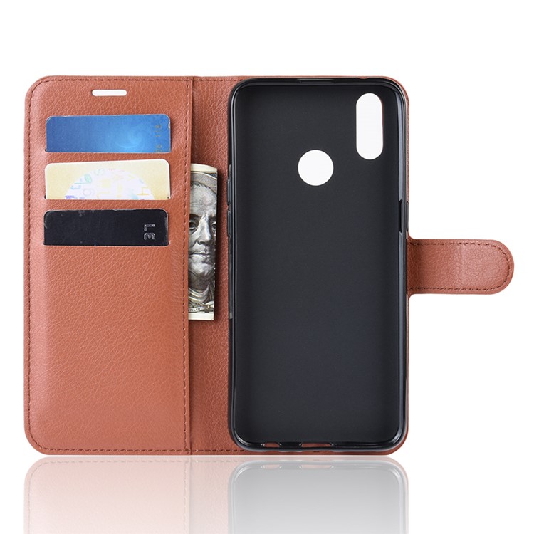 Litchi Skin Wallet Stand Leather Flip Phone Covering Case for Oppo Realme 3 Pro / X Lite - Brown-3
