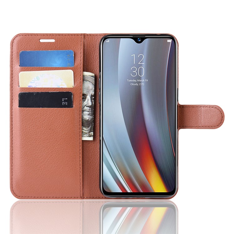 Litchi Skin Wallet Stand Leather Flip Phone Covering Case for Oppo Realme 3 Pro / X Lite - Brown-4