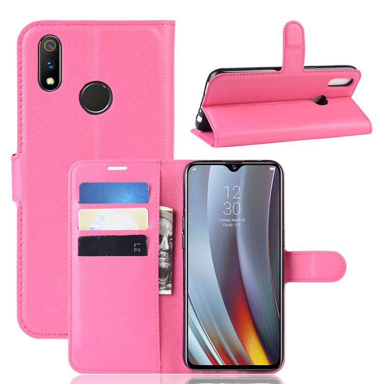 Litchi Skin Wallet Stand Leather Flip Phone Covering Case for Oppo Realme 3 Pro / X Lite - Rose-1