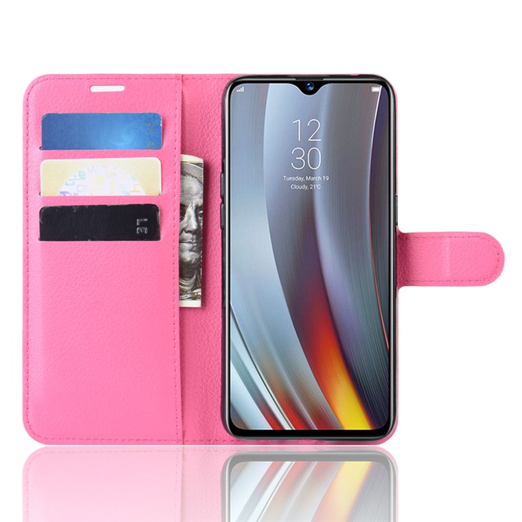 Litchi Skin Wallet Stand Leather Flip Phone Covering Case for Oppo Realme 3 Pro / X Lite - Rose-4