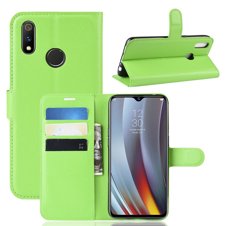 Litchi Skin Wallet Stand Leather Flip Phone Covering Case for Oppo Realme 3 Pro / X Lite - Green-1