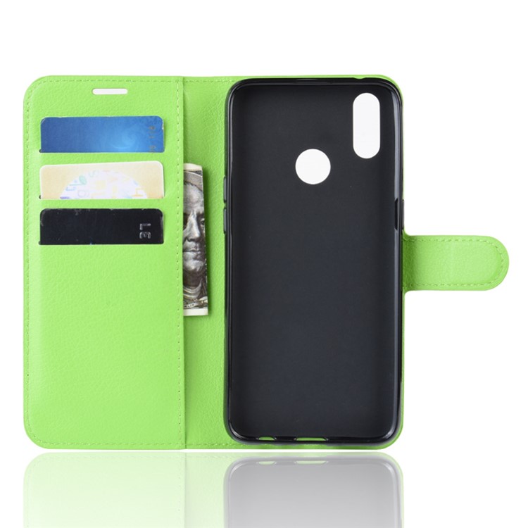 Litchi Skin Wallet Stand Leather Flip Phone Covering Case for Oppo Realme 3 Pro / X Lite - Green-3