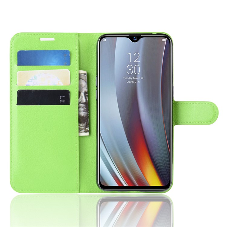 Litchi Skin Wallet Stand Leather Flip Phone Covering Case for Oppo Realme 3 Pro / X Lite - Green-4