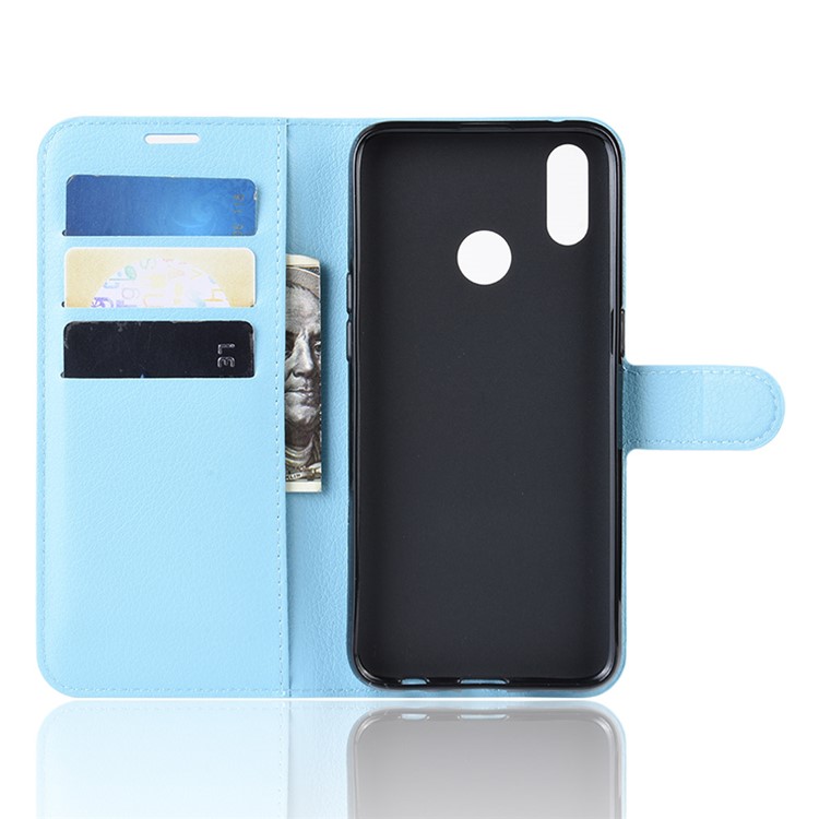 Litchi Skin Wallet Stand Leather Flip Phone Covering Case for Oppo Realme 3 Pro / X Lite - Baby Blue-3