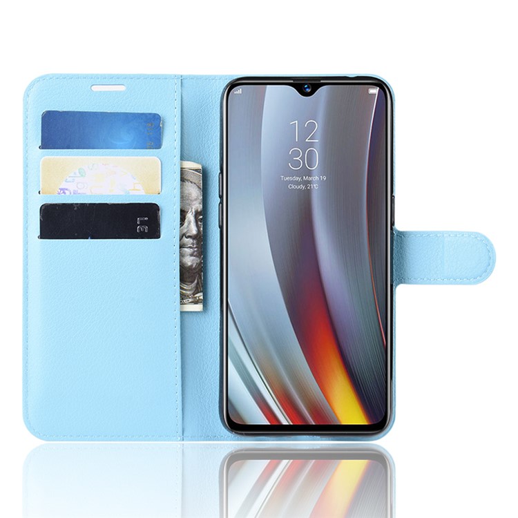 Litchi Skin Wallet Stand Leather Flip Phone Covering Case for Oppo Realme 3 Pro / X Lite - Baby Blue-4