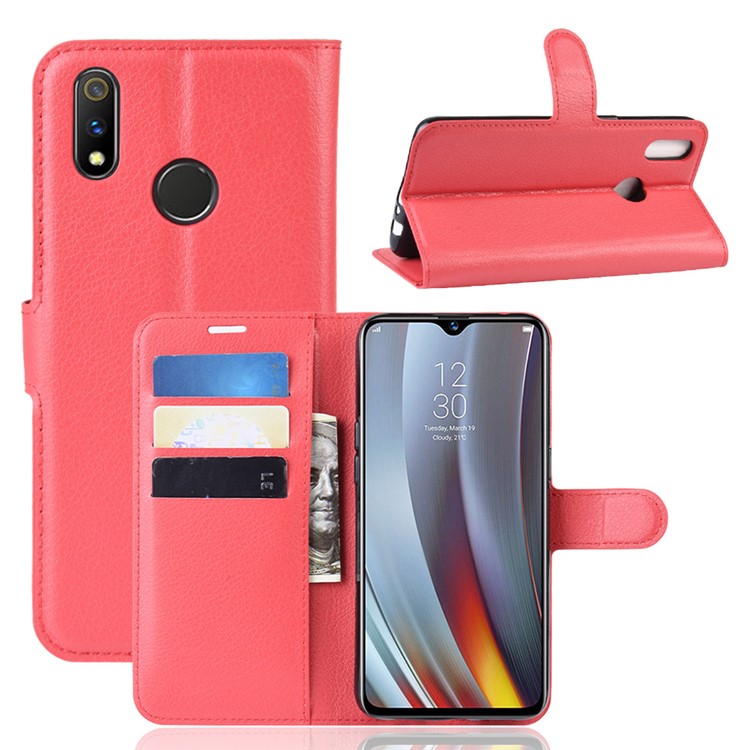 Litchi Skin Wallet Stand Leather Flip Phone Covering Case for Oppo Realme 3 Pro / X Lite - Red-1