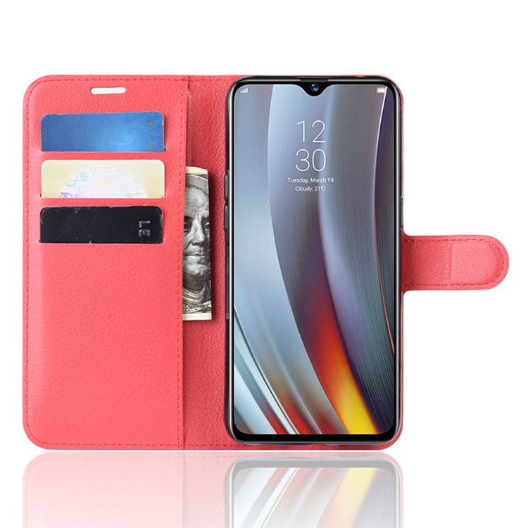 Litchi Skin Wallet Stand Leather Flip Phone Covering Case for Oppo Realme 3 Pro / X Lite - Red-4