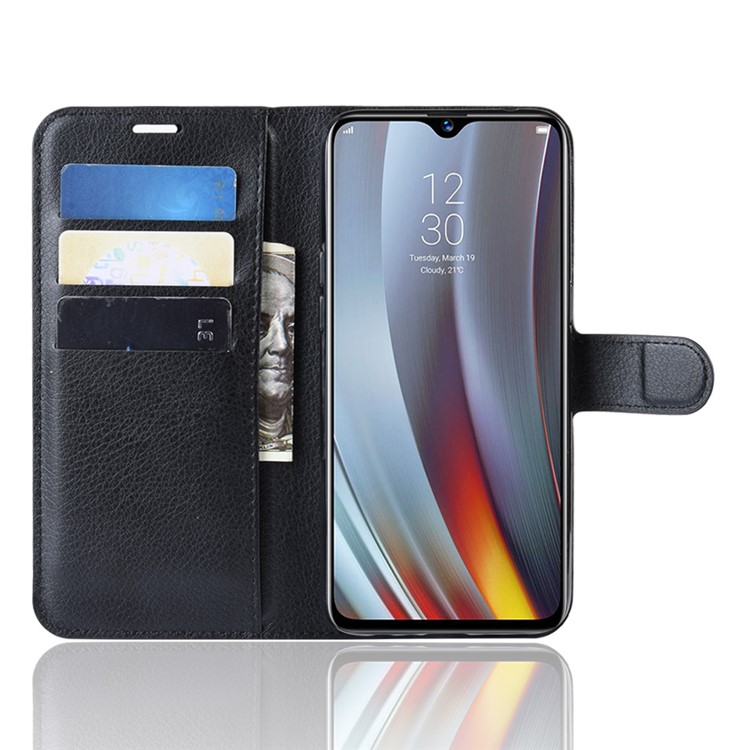 Litchi Skin Wallet Stand Leather Flip Phone Covering Case for Oppo Realme 3 Pro / X Lite - Black-4