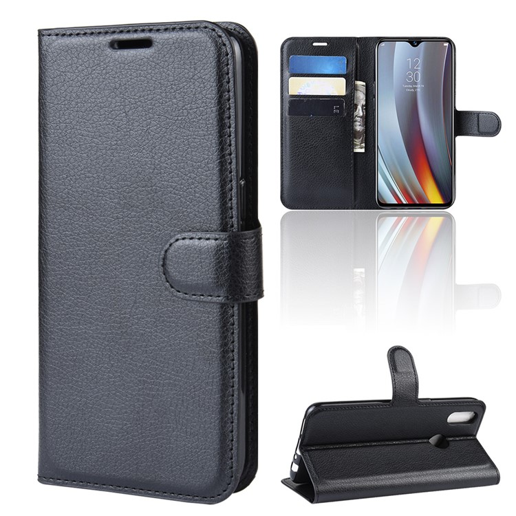 Litchi Skin Wallet Stand Leather Flip Phone Covering Case for Oppo Realme 3 Pro / X Lite - Black-7