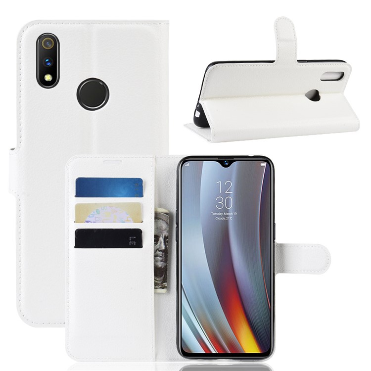 Litchi Skin Wallet Stand Leather Flip Phone Covering Case for Oppo Realme 3 Pro / X Lite - White-1