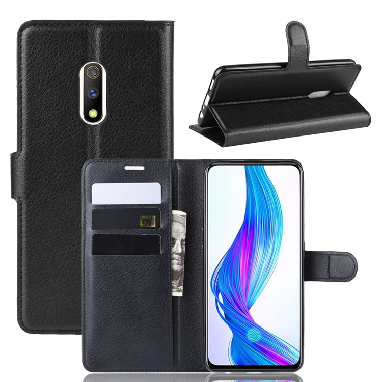 Litchi Skin Wallet Leather Stand Case for Oppo Realme X - Black-1