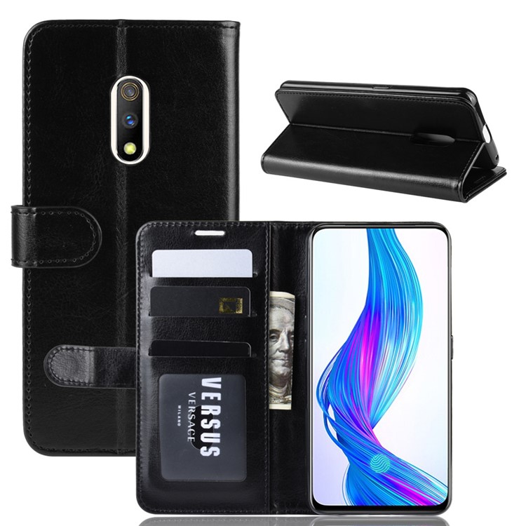 Crazy Horse Texture PU Leather Stand Wallet Flip Phone Case for Oppo Realme X - Black-1