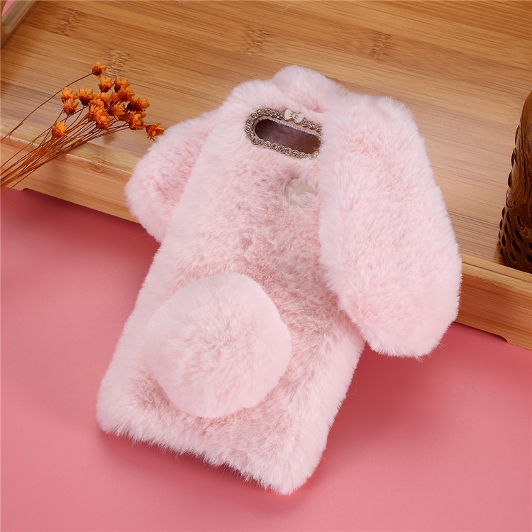 Rabbit Shape Fluffy Fur Coated TPU + PC Cellphone Cover with Rhinestone Decor for Oppo A5s A7 AX7 AX5s - Pink-1