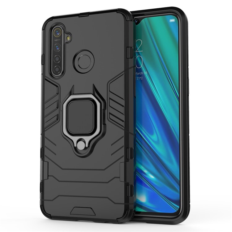 Custodia Ibrida in Plastica + TPU Con Cavalletto Del Supporto Per Anelli Per Oppo Realme 5 Pro - Nero