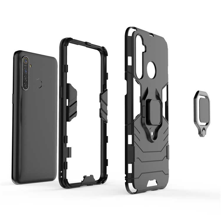 Custodia Ibrida in Plastica + TPU Con Cavalletto Del Supporto Per Anelli Per Oppo Realme 5 Pro - Nero