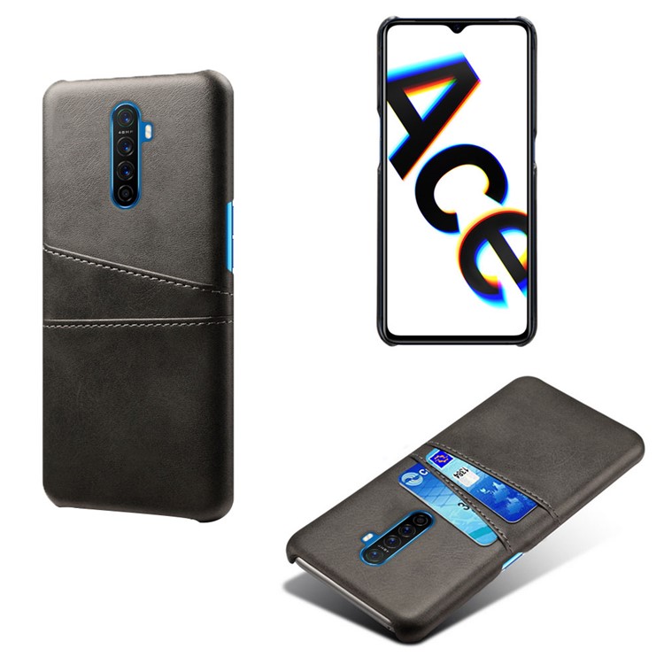 Double Card Slots PU Leather Coated Hard PC Case for Oppo Reno Ace - Black-1