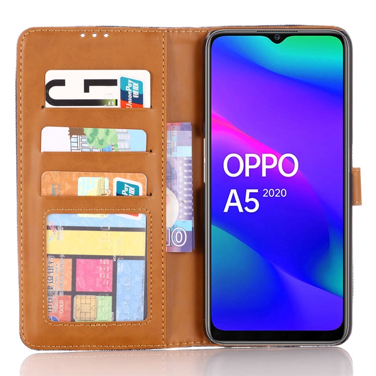 Jeans Cloth Leather Wallet Phone Case for Oppo OPPO A5 (2020) - Dark Blue-4