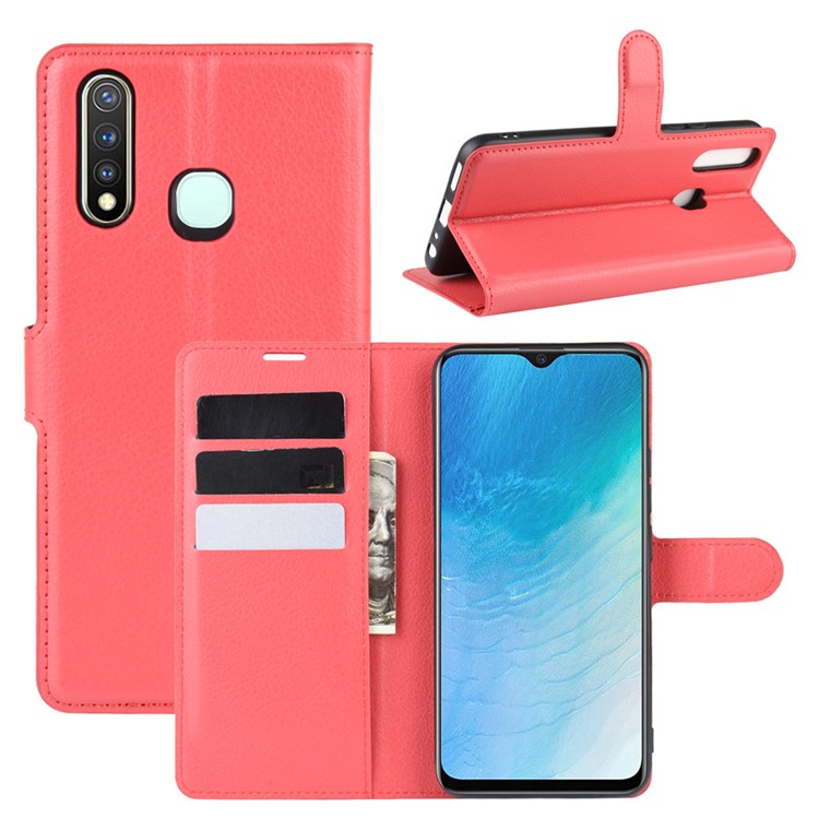 Litchi Surface Simple Design Leather Case for vivo U3/Y19/Y5s - Red-1