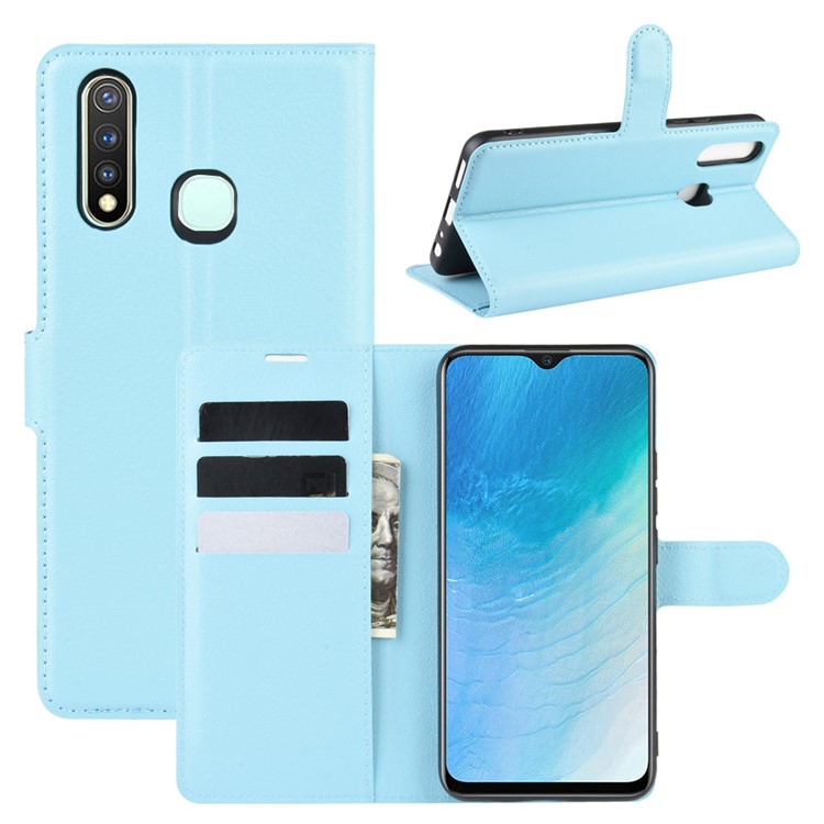 Litchi Surface Simple Design Leather Case for vivo U3/Y19/Y5s - Blue-1