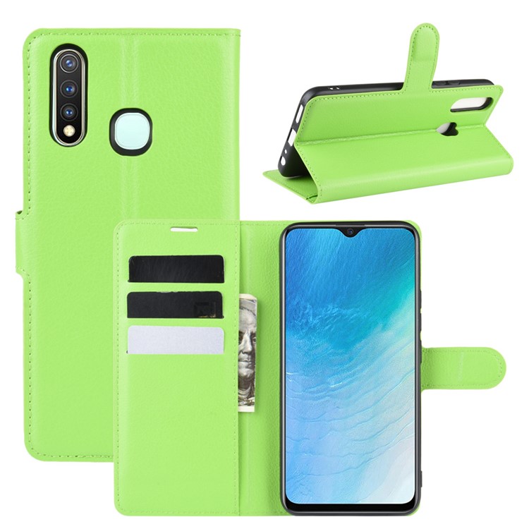 Litchi Surface Simple Design Leather Case for vivo U3/Y19/Y5s - Green-1