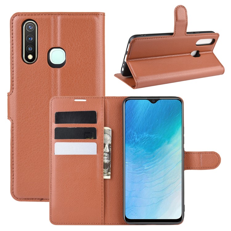 Litchi Surface Simple Design Leather Case for vivo U3/Y19/Y5s - Brown-1