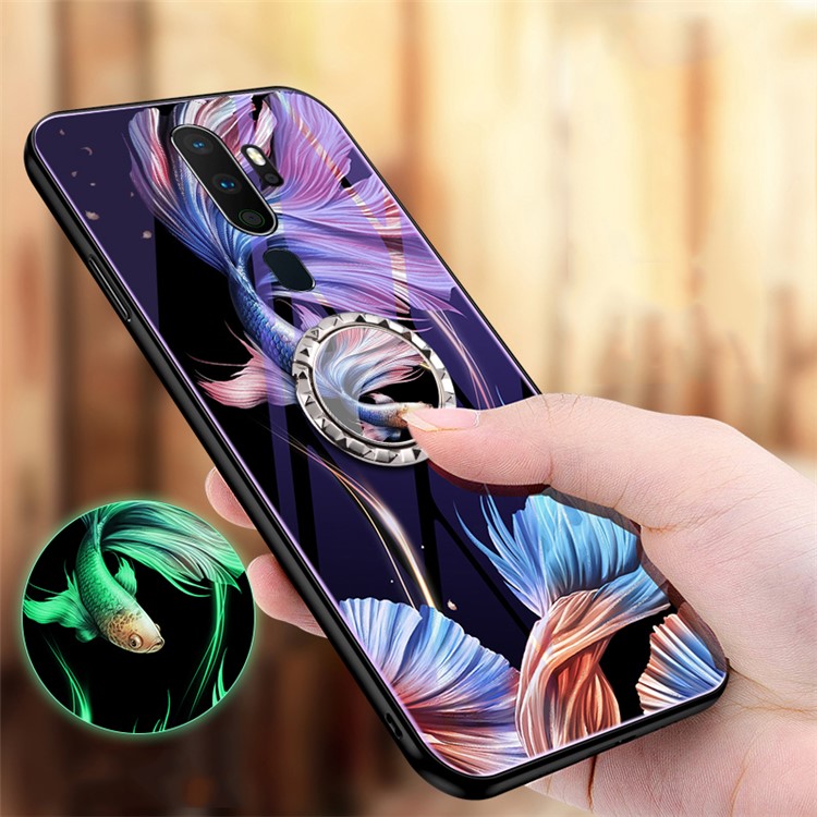 Luminous Tempered Glass PC + TPU Hybrid Phone Cover with Kickstand for OPPO A9 (2020) - Fish-1