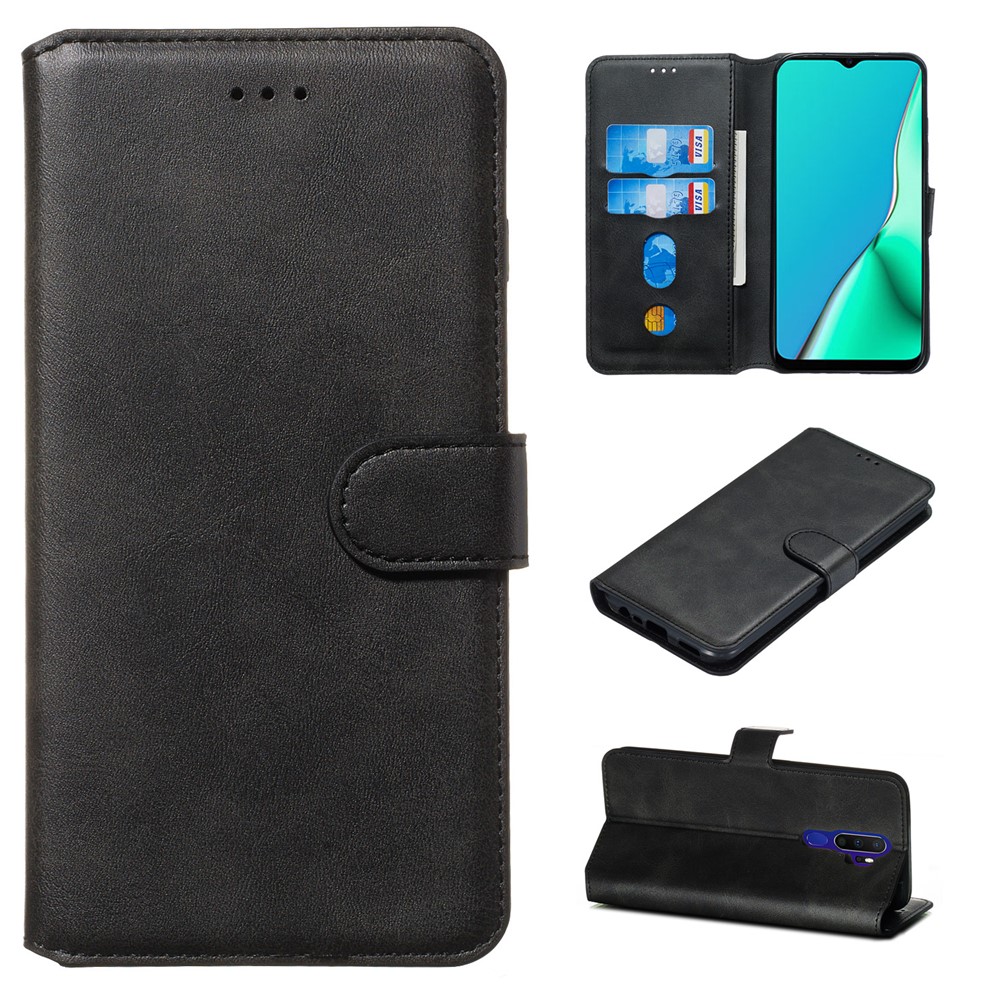 Solid Color Flip Leder Brieftasche Telefonabdeckung Für Oppo A9 (2020)/A5 (2020) - Schwarz