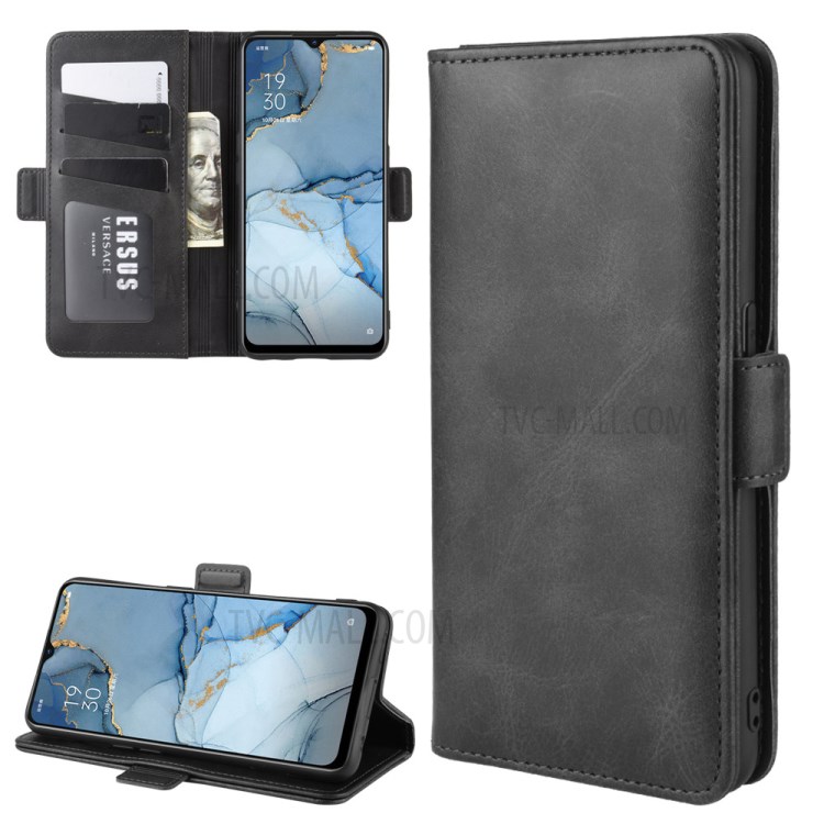 Double Clasp Flip Leather Wallet Stand Phone Cover for OPPO Reno3 - Black-1