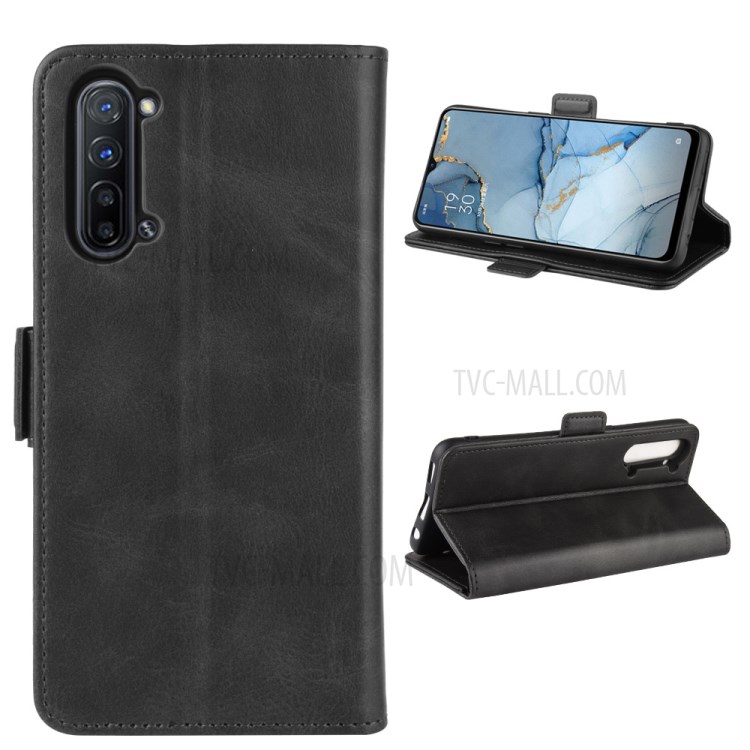 Double Clasp Flip Leather Wallet Stand Phone Cover for OPPO Reno3 - Black-2