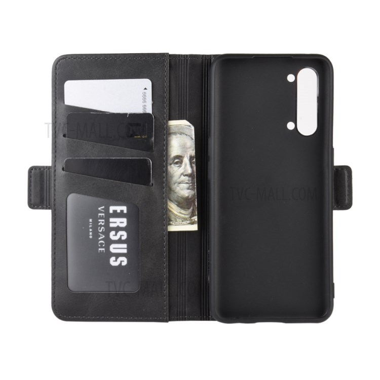 Double Clasp Flip Leather Wallet Stand Phone Cover for OPPO Reno3 - Black-4