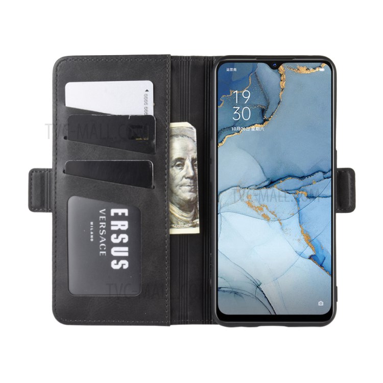 Double Clasp Flip Leather Wallet Stand Phone Cover for OPPO Reno3 - Black-5