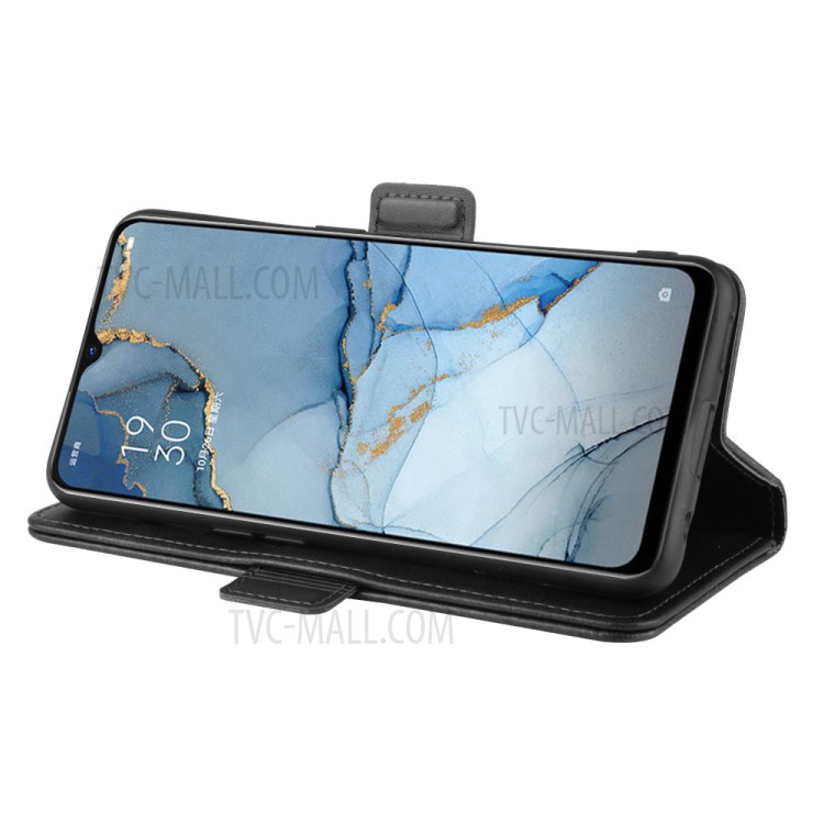 Double Clasp Flip Leather Wallet Stand Phone Cover for OPPO Reno3 - Black-6