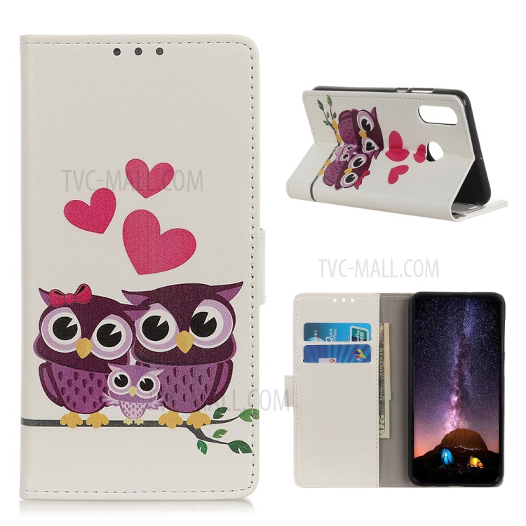 Pattern Printing Leather Wallet Case for OPPO A8 - Owls and Hearts-1