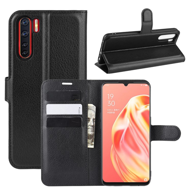 Litchi Texture Wallet Stand Leather Cell Phone Cover for OPPO A91 - Black-1