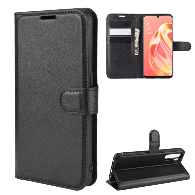 Litchi Texture Wallet Stand Leather Cell Phone Cover for OPPO A91 - Black-2