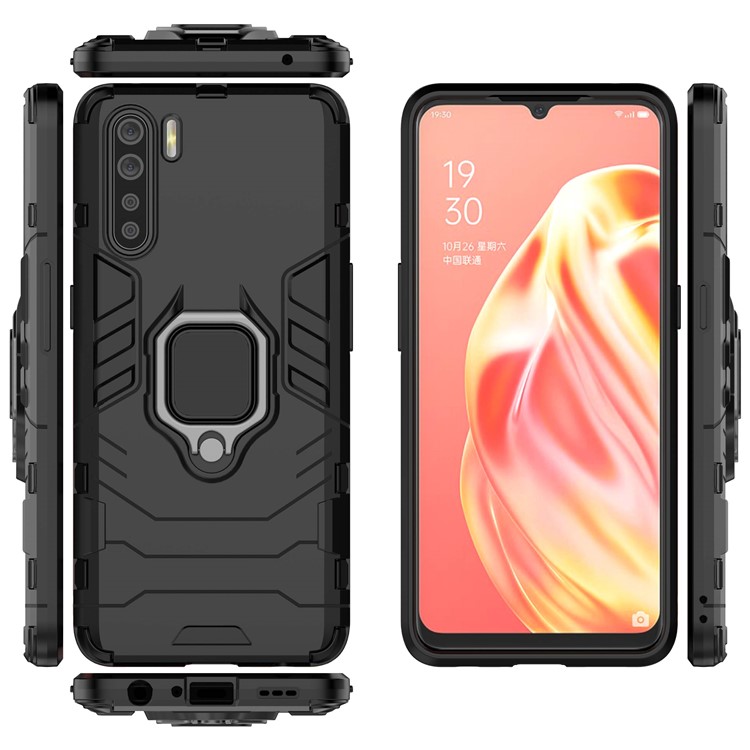 Cool Guard Ring Holder Kickstand PC+TPU Hybrid Phone Cover for OPPO A91/F15 - Black-5