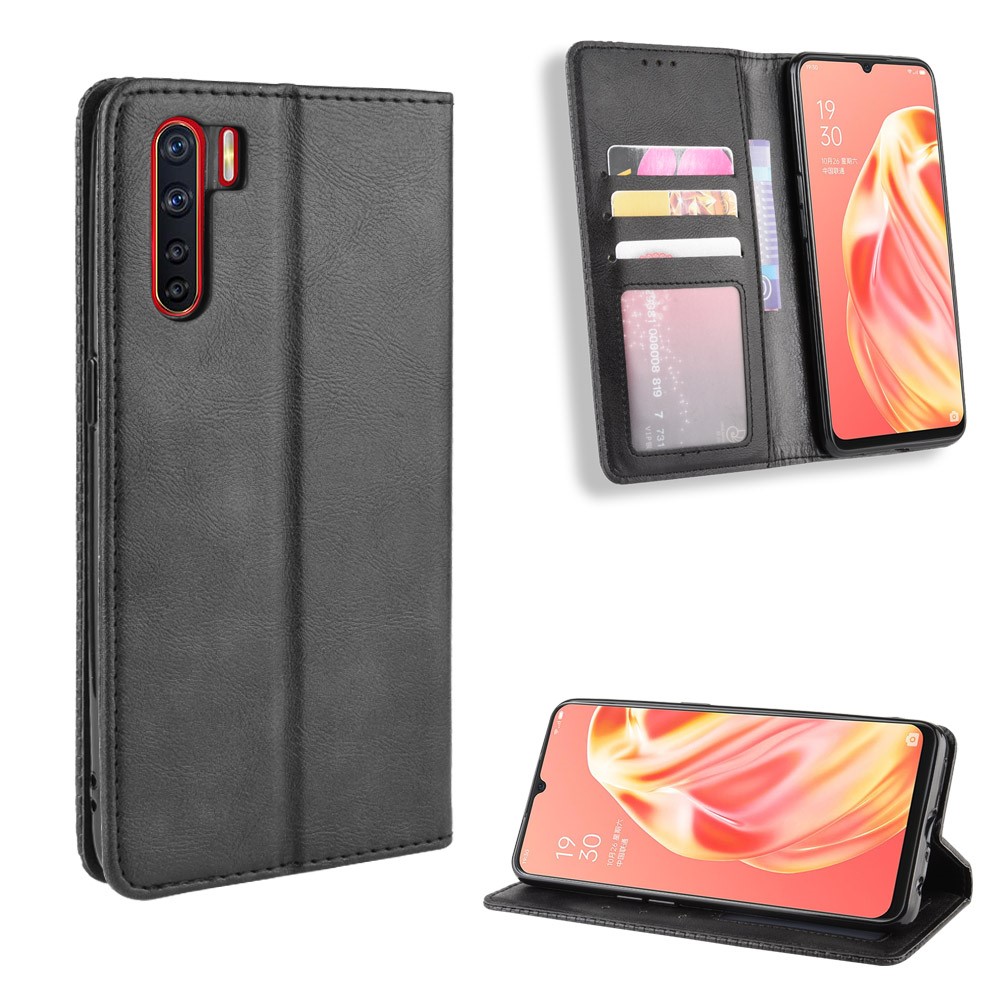 Vintage Style Magnetic Leather Wallet Phone Cover for OPPO A91/F15 - Black-1