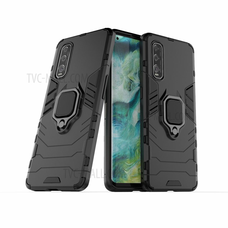 Ring Holder Kickstand PC + TPU Hybrid Case Accessory for Oppo Find X2 - Black-2