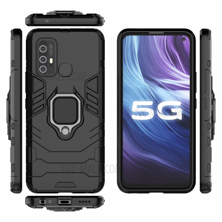 Cool Guard Ring Holder Kickstand Protective PC+TPU Hybrid Phone Cover for vivo Z6 - Black-9