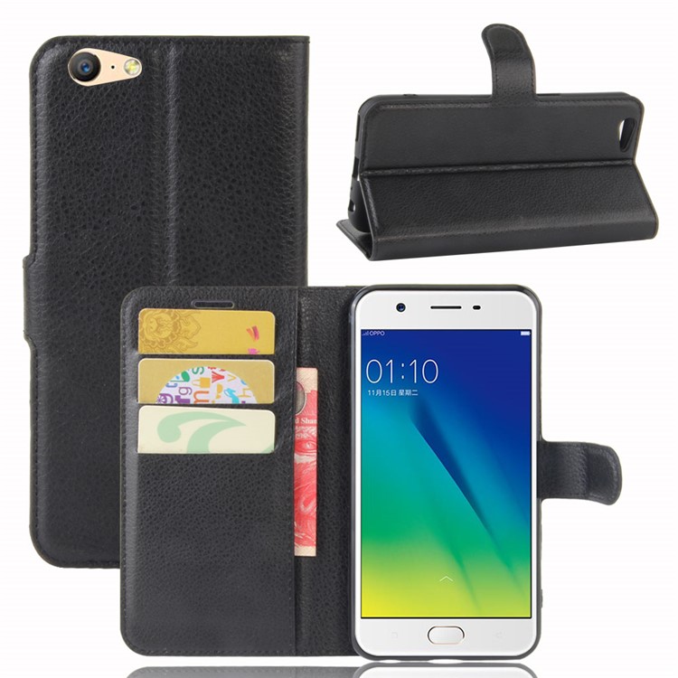 Lychee Skin Wallet Leather Stand Case for OPPO A57 A57m - Black-1